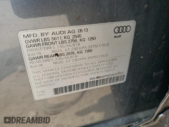 2013 Audi Q5 Hybrid Prestige with VIN WA1C8AFP9DA097001, listed as a Copart auction lot 59816255 with Not provided miles and Clean title. Bid and sale history available at DreamBid. Image 13.