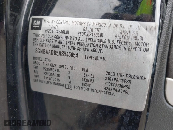 2010 Chevrolet HHR LS with VIN 3GNBAADB5AS545054, listed as a IAAI auction lot 41951341 with Not Provided miles and . Bid and sale history available at DreamBid. Image 9.