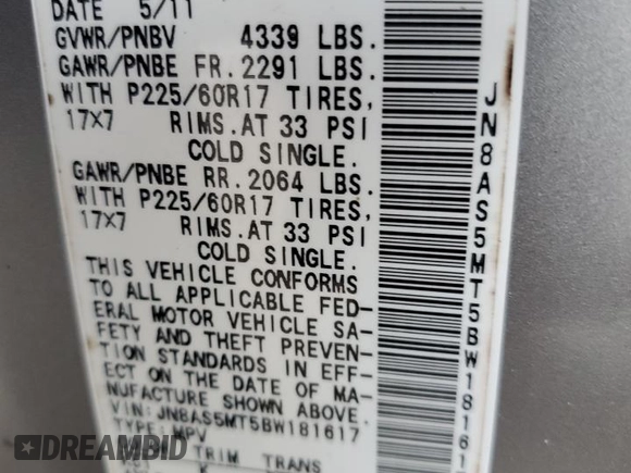 2011 Nissan Rogue SV with VIN JN8AS5MT5BW181617, listed as a Copart auction lot 81725284 with 159,882 mi miles and Salvage Title. Bid and sale history available at DreamBid. Image 14.