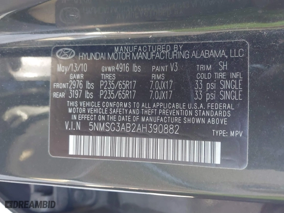 2010 Hyundai Santa Fe GLS with VIN 5NMSG3AB2AH390882, listed as a IAAI auction lot 41752859 with 189,459 mi miles. Bid and sale history available at carsss.com. Image 9.