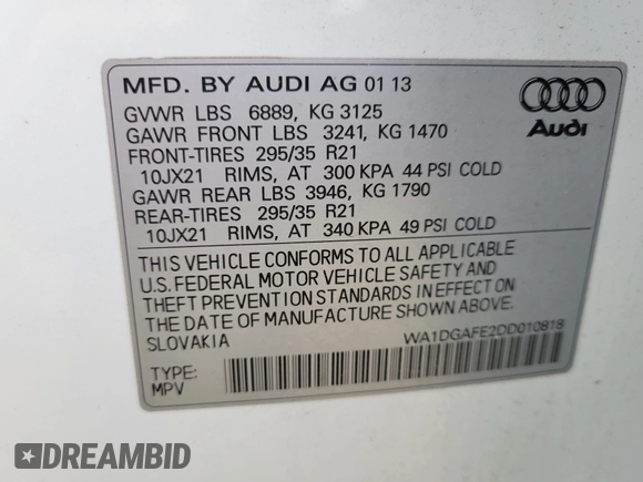 2013 Audi Q7 3.0T S line Prestige with VIN WA1DGAFE2DD010818, listed as a IAAI auction lot 41640066 with 155,738 mi miles. Bid and sale history available at carsss.com. Image 9.