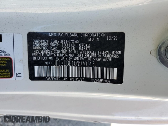 2022 Subaru BRZ Limited with VIN JF1ZDBE10N9701431, listed as a Copart auction lot 80974044 with 26,992 mi miles and Salvage title. Bid and sale history available at DreamBid. Image 14.