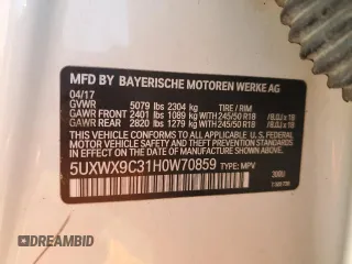 2017 BMW X3 xDrive28i z VIN 5UXWX9C31H0W70859, wystawiony jako Copart lot #54721075 z przebiegiem 184 916 mil mil oraz Szkoda całkowita • Salvage title. Historia ofert i sprzedaży dostępna na DreamBid. Obrazek 14.