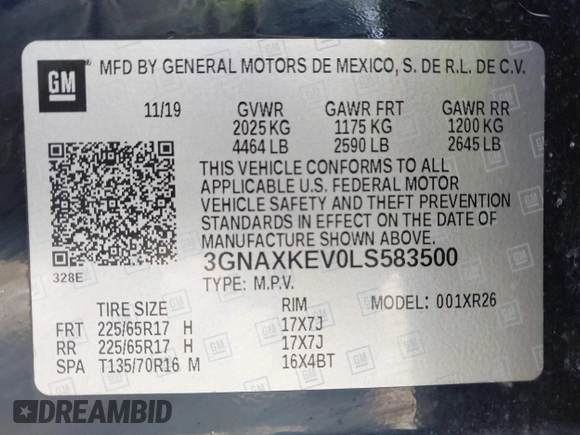 2020 Chevrolet Equinox LT with VIN 3GNAXKEV0LS583500, listed as a IAAI auction lot 41780273 with 98,024 mi miles. Bid and sale history available at carsss.com. Image 9.