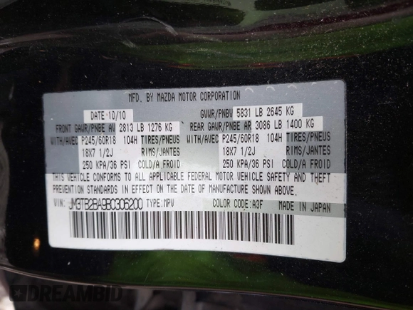 2011 Mazda CX-9 Sport with VIN JM3TB2BA9B0306200, listed as a IAAI auction lot 41511609 with 315,716 mi miles and . Bid and sale history available at DreamBid. Image 9.