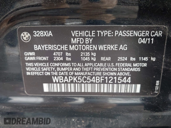 2011 BMW 3 Series 328i xDrive z VIN WBAPK5C54BF121544, wystawiony jako IAAI lot #42443324 z przebiegiem 123 193 mil mil oraz . Historia ofert i sprzedaży dostępna na DreamBid. Obrazek 9.