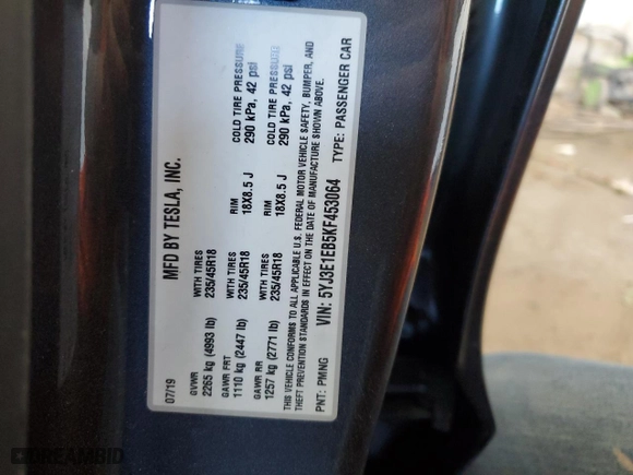 2019 Tesla Model 3 Long Range with VIN 5YJ3E1EB5KF453064, listed as a Copart auction lot 52287055 with 84,172 mi miles and Salvage Title. Bid and sale history available at carsss.com. Image 13.