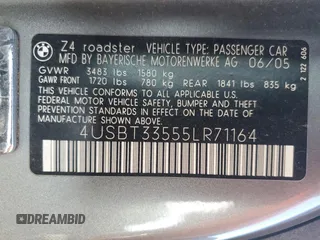 2005 BMW Z4 2.5i z VIN 4USBT33555LR71164, wystawiony jako Copart lot #58557615 z przebiegiem 193 241 mil mil oraz Szkoda całkowita • Salvage title. Historia ofert i sprzedaży dostępna na DreamBid. Obrazek 13.