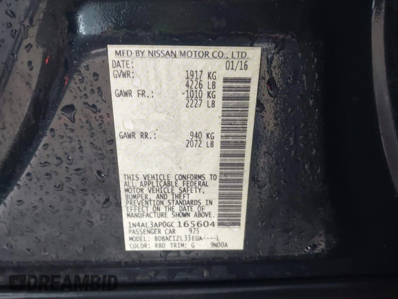 2016 Nissan Altima SR with VIN 1N4AL3AP0GC165604, listed as a IAAI auction lot 41755313 with 201,692 mi miles and . Bid and sale history available at DreamBid. Image 9.