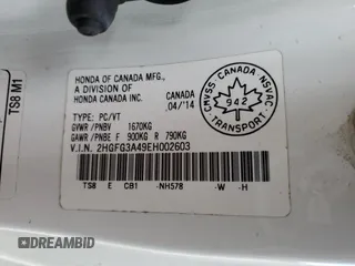 2014 Honda Civic z VIN 2HGFG3A49EH002603, wystawiony jako Copart lot #46585395 z przebiegiem Nie podano mil oraz Nie do naprawy • Non repairable. Historia ofert i sprzedaży dostępna na DreamBid. Obrazek 12.