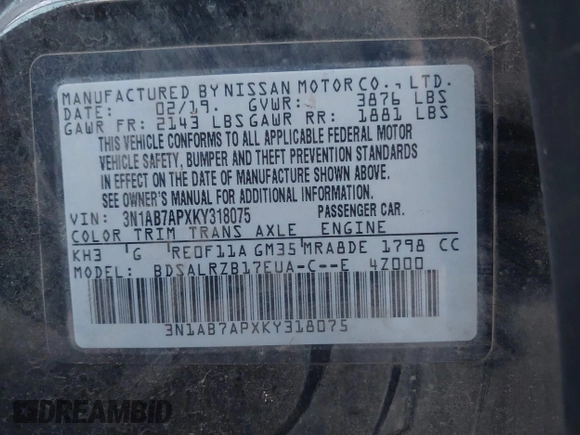 2019 Nissan Sentra SV z VIN 3N1AB7APXKY318075, wystawiony jako IAAI lot #41228371 z przebiegiem 100 280 mil mil oraz . Historia ofert i sprzedaży dostępna na DreamBid. Obrazek 9.