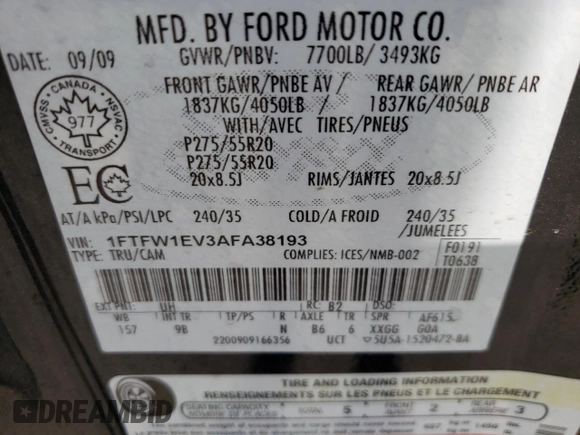 2010 Ford F-150 XL with VIN 1FTFW1EV3AFA38193, listed as a Copart auction lot 59061254 with 100,553 mi miles and Salvage Title. Bid and sale history available at carsss.com. Image 13.