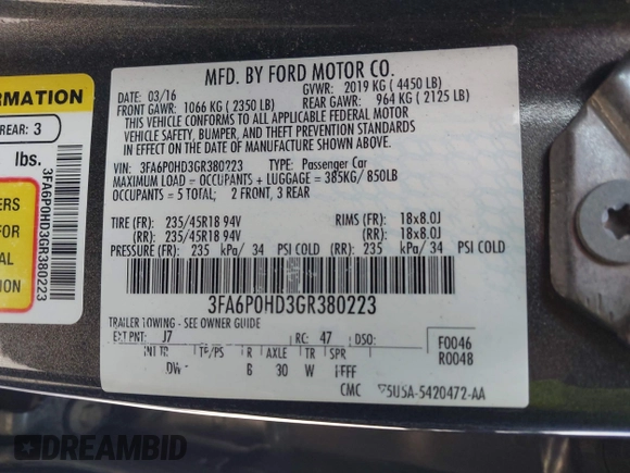 2016 Ford Fusion SE with VIN 3FA6P0HD3GR380223, listed as a IAAI auction lot 42040598 with 106,909 mi miles. Bid and sale history available at carsss.com. Image 9.