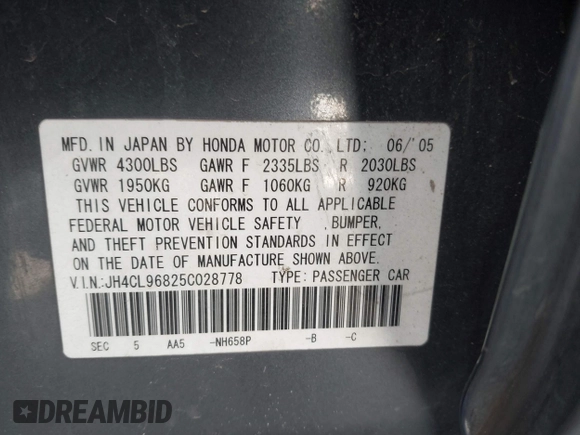 2005 Acura TSX with VIN JH4CL96825C028778, listed as a IAAI auction lot 41898722 with 188,519 mi miles. Bid and sale history available at carsss.com. Image 9.