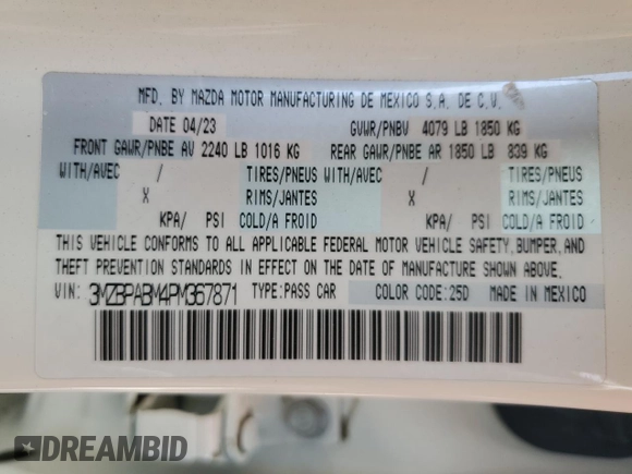 2023 Mazda 3 S Select with VIN 3MZBPABM4PM367871, listed as a Copart auction lot 50028515 with 40,117 mi miles and Salvage Title. Bid and sale history available at DreamBid. Image 15.
