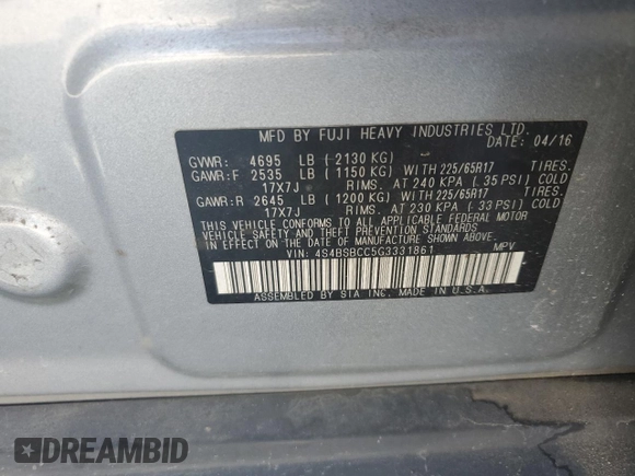 2016 Subaru Outback Premium with VIN 4S4BSBCC5G3331861, listed as a Copart auction lot 59521595 with 148,076 mi miles and Salvage title. Bid and sale history available at DreamBid. Image 12.
