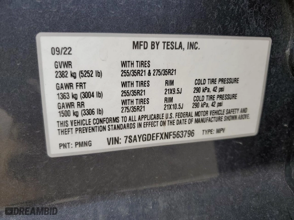 2022 Tesla Model Y Performance with VIN 7SAYGDEFXNF563796, listed as a Copart auction lot 47417875 with 57,884 mi miles and Salvage Title. Bid and sale history available at carsss.com. Image 14.