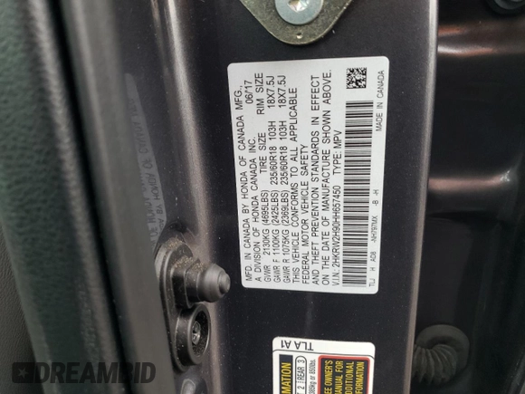 2017 Honda CR-V Touring with VIN 2HKRW2H90HH657450, listed as a Copart auction lot 52821895 with 154,801 mi miles and Salvage Title. Bid and sale history available at carsss.com. Image 13.