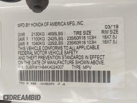 2019 Honda CR-V EX-L with VIN 5J6RW1H84KA024007, listed as a IAAI auction lot 41402476 with 58,933 mi miles. Bid and sale history available at carsss.com. Image 9.