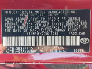 2012 Toyota Camry L with VIN 4T1BF1FK2CU617088, listed as a IAAI auction lot 42022358 with 184,104 mi miles and . Bid and sale history available at DreamBid. Image 9.