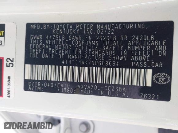 2022 Toyota Camry SE with VIN 4T1T11AK7NU668664, listed as a IAAI auction lot 41861383 with 7,843 mi miles. Bid and sale history available at carsss.com. Image 9.