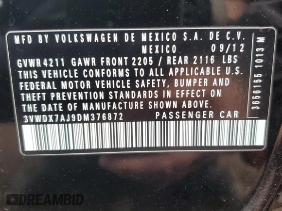 2013 Volkswagen Jetta SE with VIN 3VWDX7AJ9DM376872, listed as a Copart auction lot 50991535 with 138,466 mi miles and Salvage title. Bid and sale history available at DreamBid. Image 12.