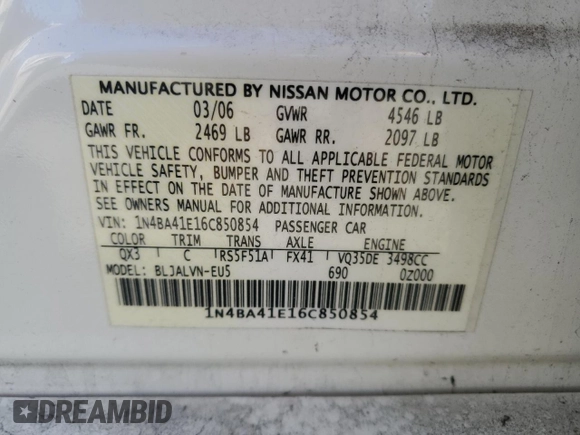 2006 Nissan Maxima 3.5 SE with VIN 1N4BA41E16C850854, listed as a Copart auction lot 46664075 with 278,842 mi miles and Clean Title. Bid and sale history available at carsss.com. Image 12.