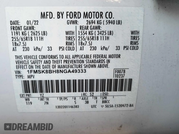 2022 Ford Explorer with VIN 1FMSK8BH8NGA49333, listed as a Copart auction lot 52505655 with 73,420 mi miles and Clean Title. Bid and sale history available at carsss.com. Image 10.