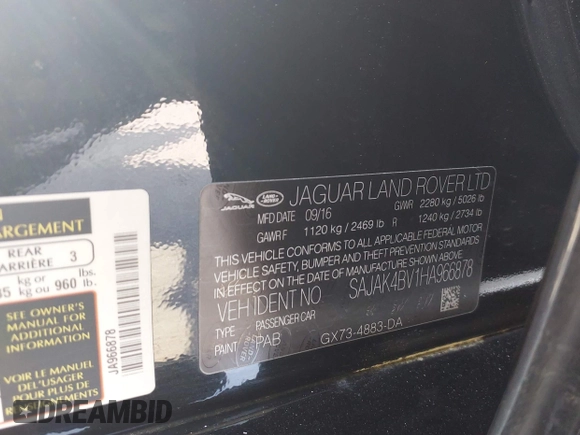 2017 Jaguar XE 35t Prestige z VIN SAJAK4BV1HA966878, wystawiony jako IAAI lot #42115970 z przebiegiem 62 949 mil mil oraz . Historia ofert i sprzedaży dostępna na DreamBid. Obrazek 9.