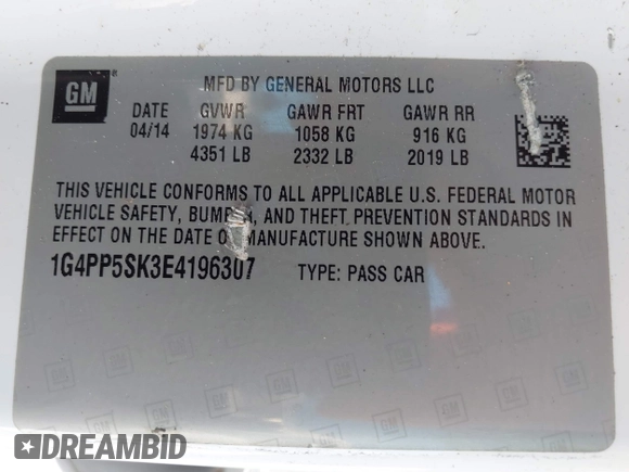 2014 Buick Verano with VIN 1G4PP5SK3E4196307, listed as a IAAI auction lot 42236576 with 75,177 mi miles and . Bid and sale history available at DreamBid. Image 9.
