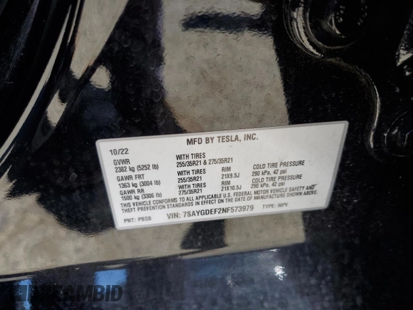 2022 Tesla Model Y Performance z VIN 7SAYGDEF2NF573979, wystawiony jako Copart lot #57778265 z przebiegiem 49 232 mil mil oraz Szkoda całkowita • Salvage title. Historia ofert i sprzedaży dostępna na DreamBid. Obrazek 13.