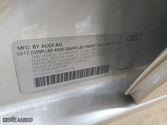 2013 Audi A4 Premium Plus with VIN WAUFFAFL3DN023715, listed as a Copart auction lot 47579555 with 164,975 mi miles and Salvage Title. Bid and sale history available at carsss.com. Image 12.
