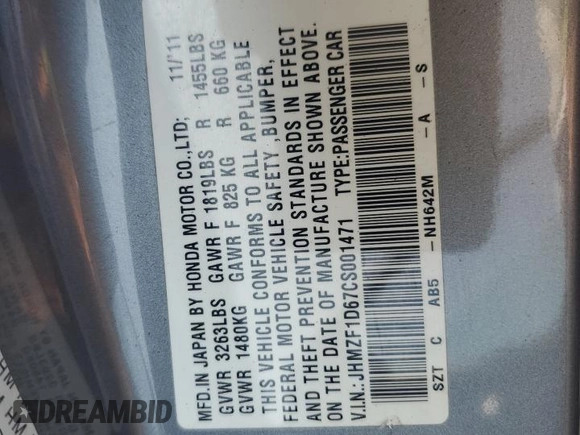 2012 Honda CR-Z EX with VIN JHMZF1D67CS001471, listed as a Copart auction lot 61248355 with 196,018 mi miles and Salvage title. Bid and sale history available at DreamBid. Image 12.