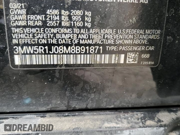 2021 BMW 3 Series 330i с VIN 3MW5R1J08M8B91871, выставлен на аукционе Copart как лот 49899285 с пробегом 62 113 миль миль и Списание • Salvage title. История ставок и продаж доступна на DreamBid. Изображение 14.