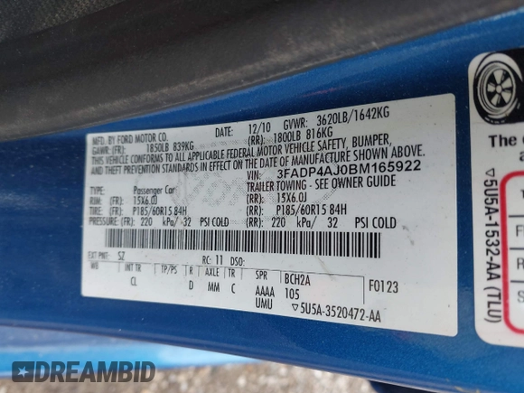 2011 Ford Fiesta S with VIN 3FADP4AJ0BM165922, listed as a IAAI auction lot 42174283 with Not provided miles and . Bid and sale history available at DreamBid. Image 9.