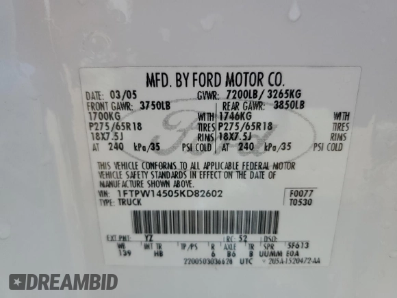 2005 Ford F-150 XLT with VIN 1FTPW14505KD82602, listed as a Copart auction lot 53318965 with 133,539 mi miles and Salvage Title. Bid and sale history available at carsss.com. Image 12.