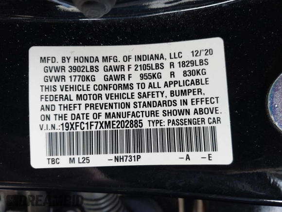 2021 Honda Civic Sedan EX-L with VIN 19XFC1F7XME202885, listed as a IAAI auction lot 40718909 with 42,331 mi miles. Bid and sale history available at carsss.com. Image 9.
