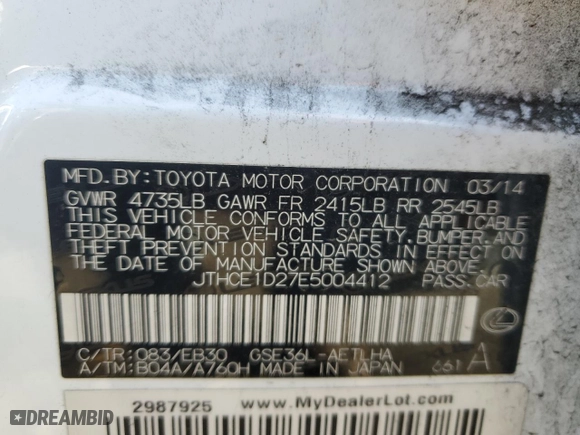 2014 Lexus IS 350 with VIN JTHCE1D27E5004412, listed as a Copart auction lot 45234785 with 116,144 mi miles and Salvage Title. Bid and sale history available at carsss.com. Image 12.