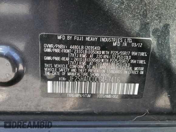 2012 Subaru Forester 2.5X Premium with VIN JF2SHADC0CG457416, listed as a Copart auction lot 77853934 with 120,905 mi miles and Salvage Title. Bid and sale history available at carsss.com. Image 13.