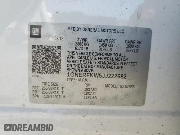 2018 Chevrolet Traverse LS with VIN 1GNERFKW5JJ222682, listed as a Copart auction lot 58275525 with 132,937 mi miles and Salvage title. Bid and sale history available at DreamBid. Image 14.