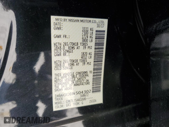 2018 Nissan Titan SV z VIN 1N6AA1EJ0JN504302, wystawiony jako Copart lot #48414435 z przebiegiem 72 766 mil mil oraz Szkoda całkowita • Salvage title. Historia ofert i sprzedaży dostępna na DreamBid. Obrazek 12.