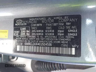 2020 Hyundai Kona SE with VIN KM8K12AA4LU504536, listed as a IAAI auction lot 41423007 with 114,187 mi miles and . Bid and sale history available at carsss.com. Image 9.