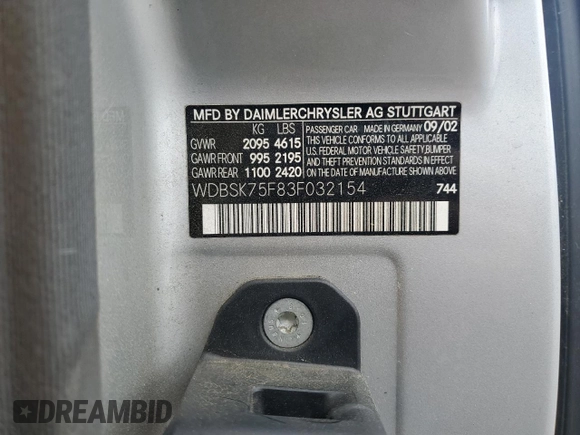 2003 Mercedes-Benz SL 500 with VIN WDBSK75F83F032154, listed as a Copart auction lot 63123435 with 123,359 mi miles and Clean title. Bid and sale history available at DreamBid. Image 12.