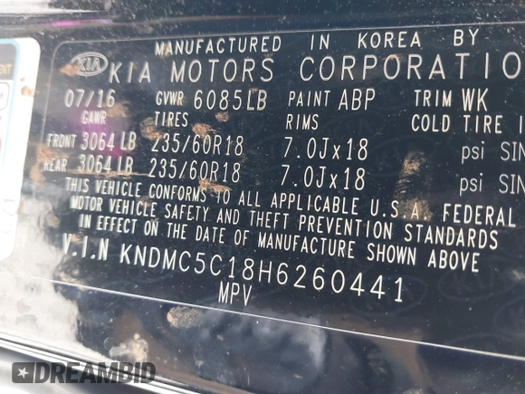2017 Kia Sedona EX with VIN KNDMC5C18H6260441, listed as a IAAI auction lot 41797159 with 77,309 mi miles. Bid and sale history available at carsss.com. Image 9.