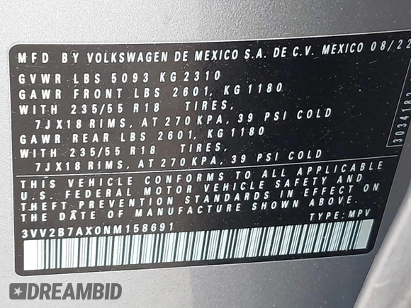 2022 Volkswagen Tiguan SE с VIN 3VV2B7AX0NM158691, выставлен на аукционе IAAI как лот 42286425 с пробегом 22 578 миль миль и . История ставок и продаж доступна на DreamBid. Изображение 9.