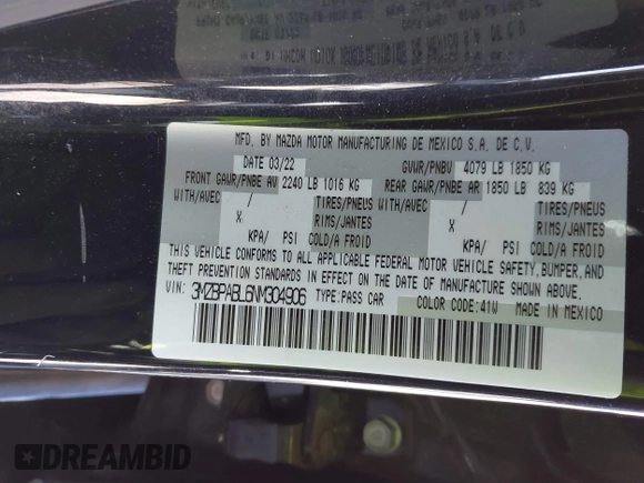 2022 Mazda 3 Select z VIN 3MZBPABL6NM304906, wystawiony jako IAAI lot #41634685 z przebiegiem 48 372 mil mil oraz . Historia ofert i sprzedaży dostępna na DreamBid. Obrazek 9.