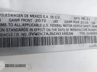 2012 Volkswagen Jetta S с VIN 3VW2K7AJ5CM315538, выставлен на аукционе IAAI как лот 41856779 с пробегом 143 695 миль миль и . История ставок и продаж доступна на DreamBid. Изображение 9.
