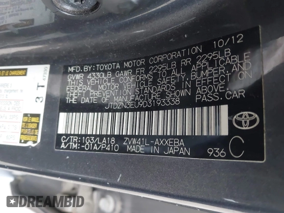 2013 Toyota Prius Two with VIN JTDZN3EU9D3193338, listed as a IAAI auction lot 42088837 with 455,401 mi miles and . Bid and sale history available at DreamBid. Image 9.