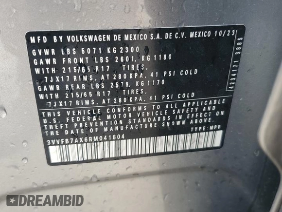 2024 Volkswagen Tiguan S with VIN 3VVFB7AX6RM041804, listed as a Copart auction lot 56154135 with 43,515 mi miles and Clean Title. Bid and sale history available at DreamBid. Image 14.
