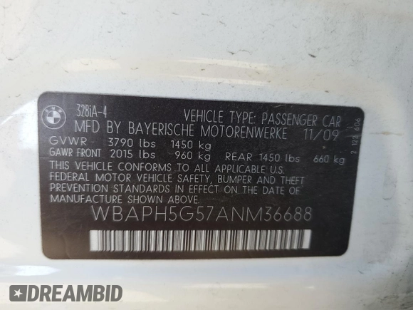 2010 BMW 3 Series 328i with VIN WBAPH5G57ANM36688, listed as a Copart auction lot 42837035 with 34,884 mi miles and Salvage Title. Bid and sale history available at DreamBid. Image 13.